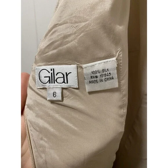 Gilar 100% Silk Fitted Hourglass Silhoutte Lined Sheath Dress Beige -Size 6 - Picture 11 of 14